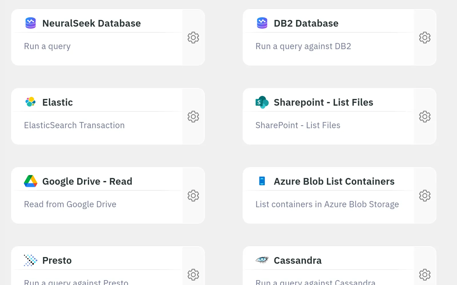 Connector cards from the mAIstro function library laid out in a grid: database, search, file-storage and document-library nodes, each with a one-line description and a settings control.