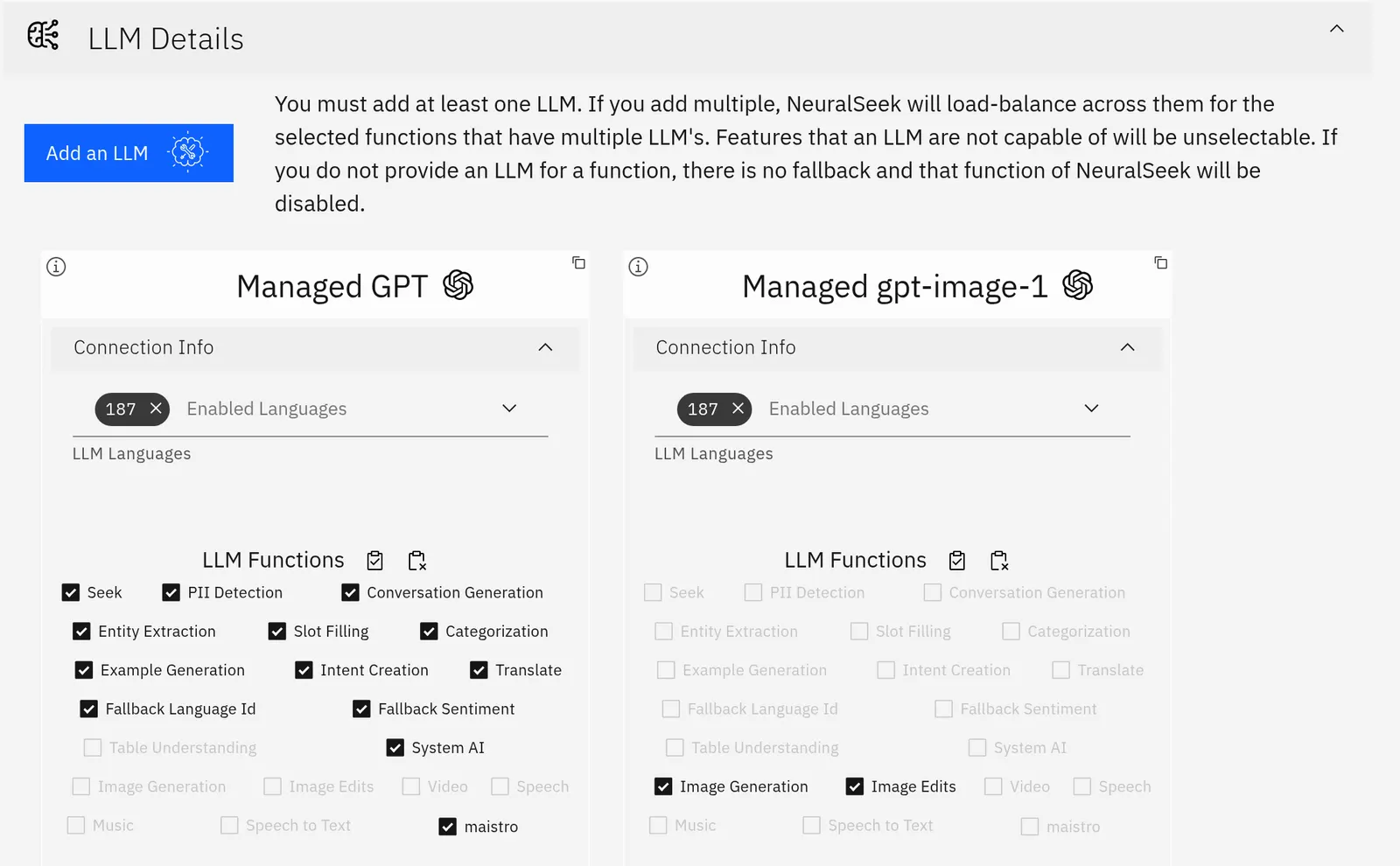 The model layer in the console, with the option to add a model and two configured model cards.