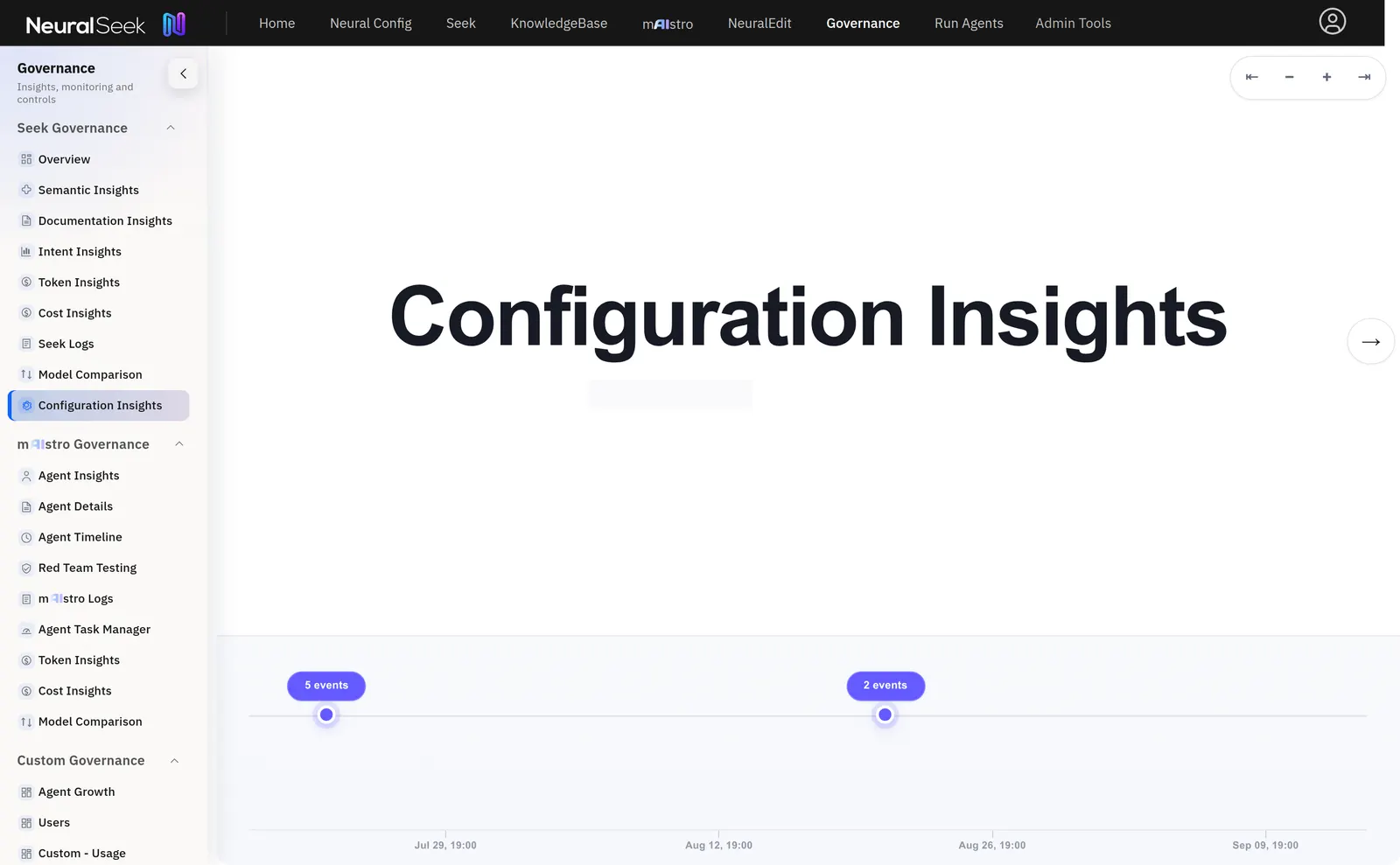 The Configuration Insights view under Governance: a large title above a timeline whose dated axis carries grouped change events.