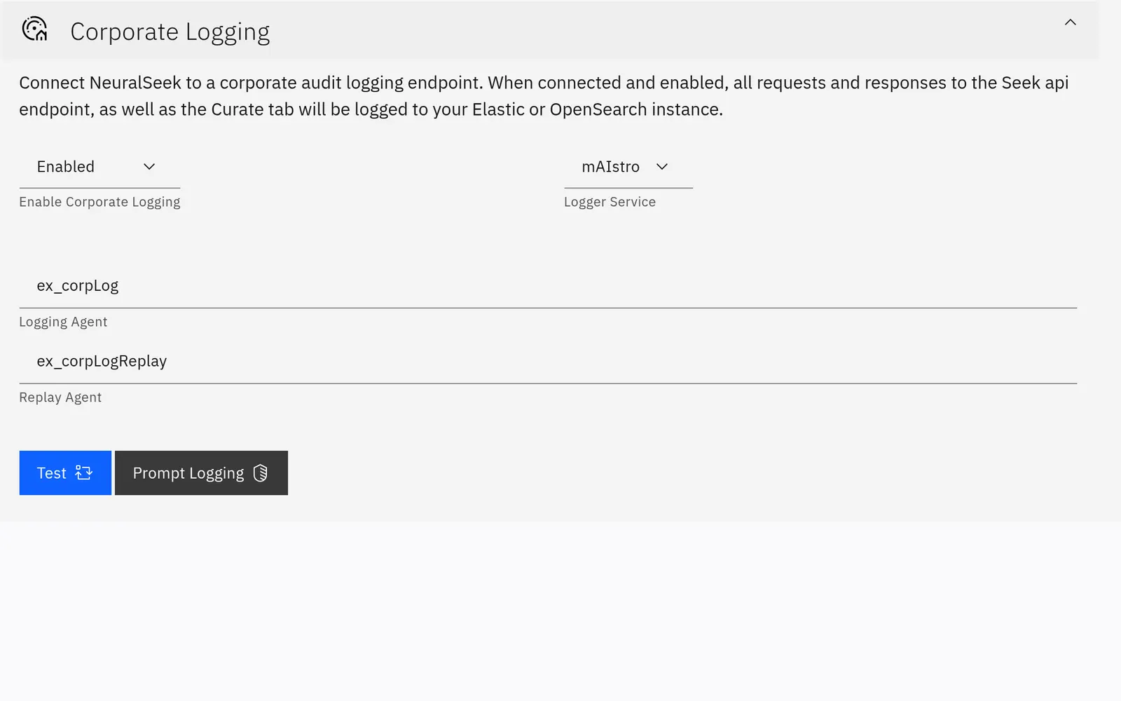 Corporate logging settings, with request and response logs directed to a customer-owned log store.