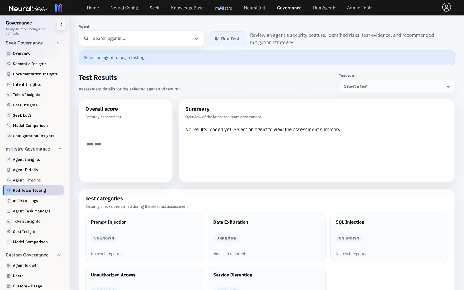 The Red Team Testing view under Governance before a run: an agent picker, a Run Test control, and a grid of test categories — prompt injection, data exfiltration, SQL injection among them — each still marked unknown.