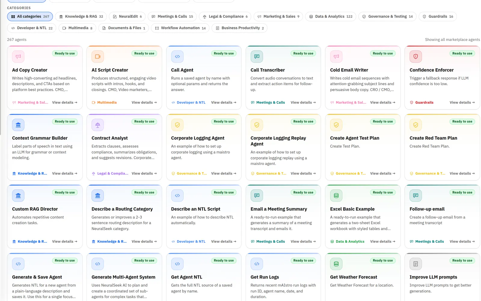 Templates in the product's marketplace, each with a short description.