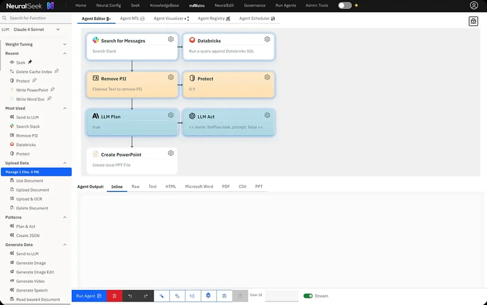 The mAIstro agent editor: a workflow branching from a message-search step and a warehouse query through a PII-removal step and a protection step into paired planning and acting model calls, ending in a presentation-generation step.