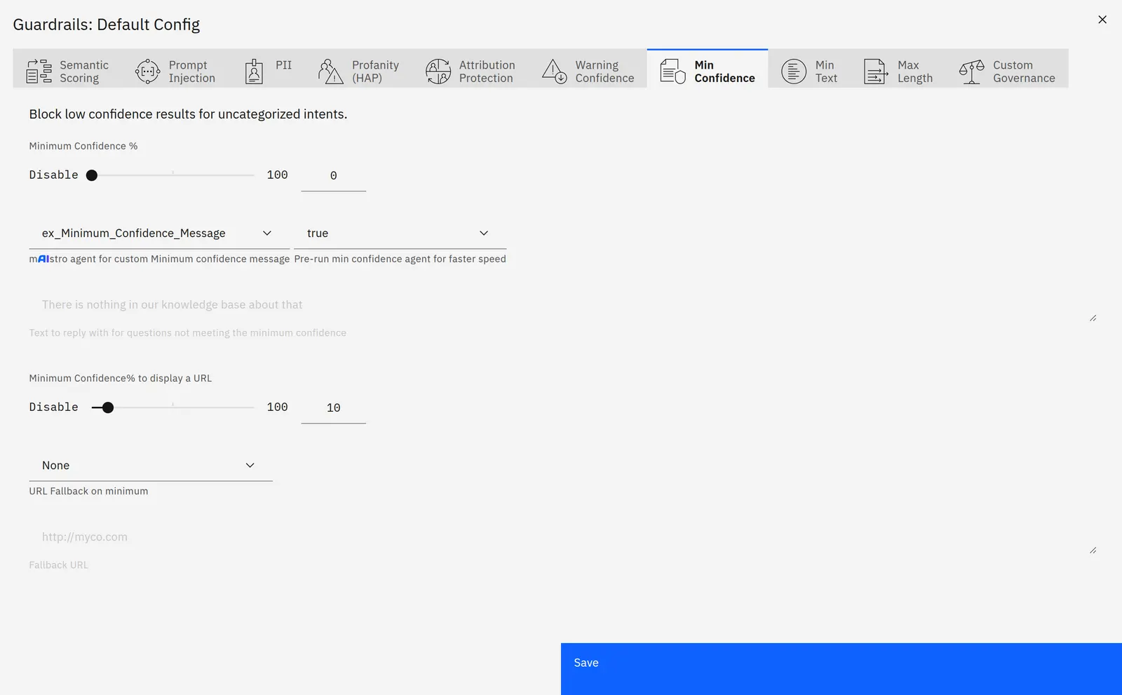 The Guardrails panel of Neural Config, its tabs running from semantic scoring, prompt injection, PII and profanity to custom governance, open on Min Confidence: a threshold slider, a custom-message agent and a fallback reply.