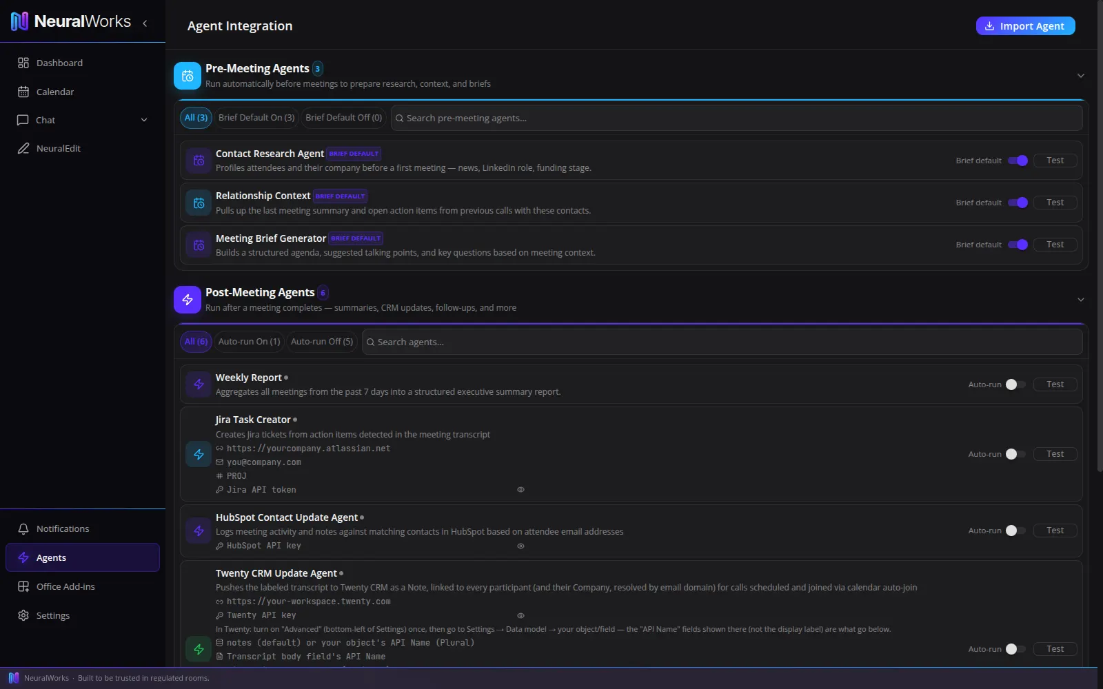 The Agents screen in NeuralWorks: a pre-meeting group whose agents research the attendees, recall the relationship and draft a meeting brief, and a post-meeting group whose agents write a weekly summary and push notes and tasks to integration agents for ticketing and CRM systems — each row with a switch and a Test button.