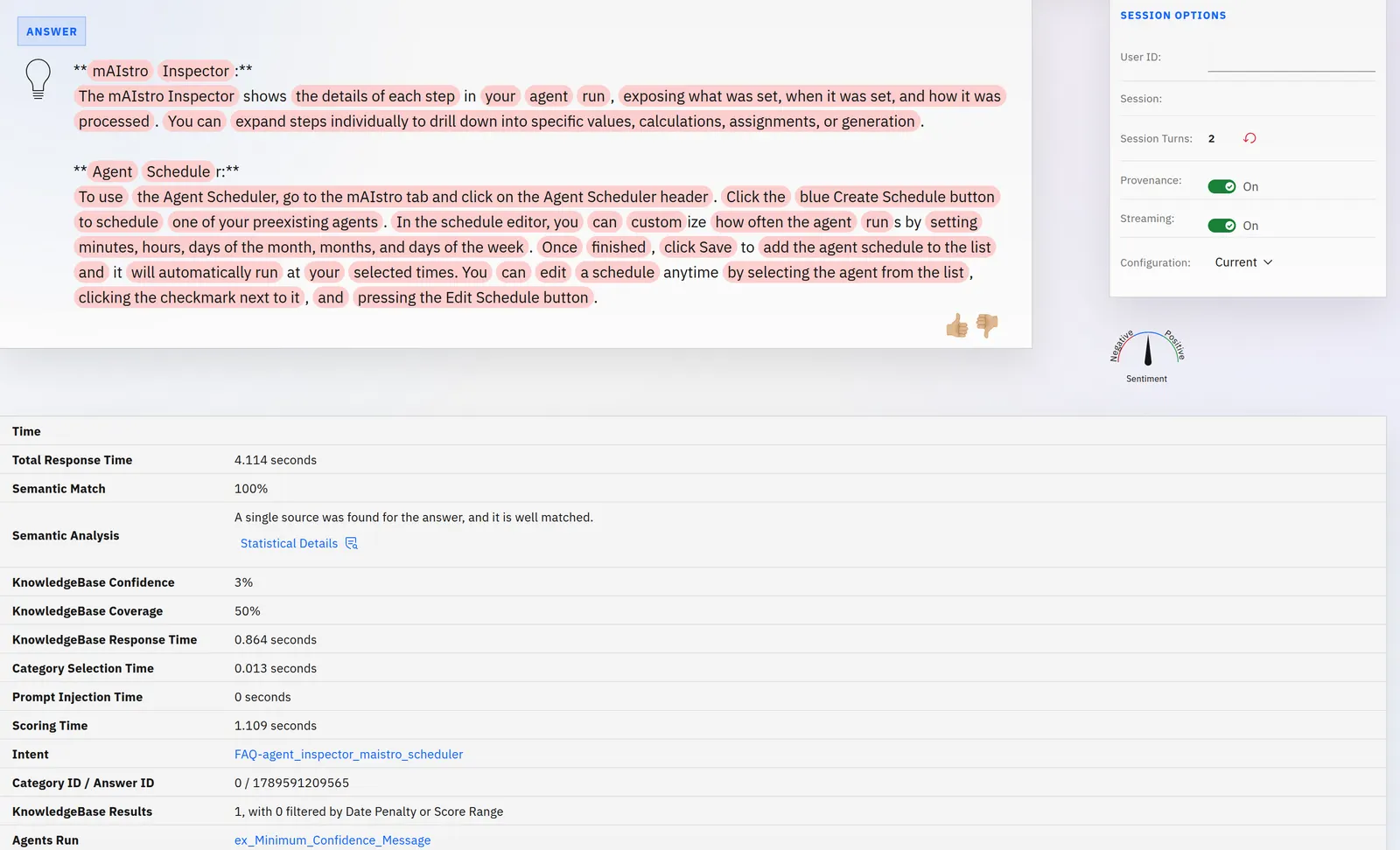 A Seek answer with its source phrases highlighted and thumbs up and down beneath; the Session Options panel with Provenance and Streaming switched on; a sentiment gauge; and the metrics table listing response time, semantic match and analysis, knowledge base confidence and coverage, timings, intent, IDs, results and agents run.