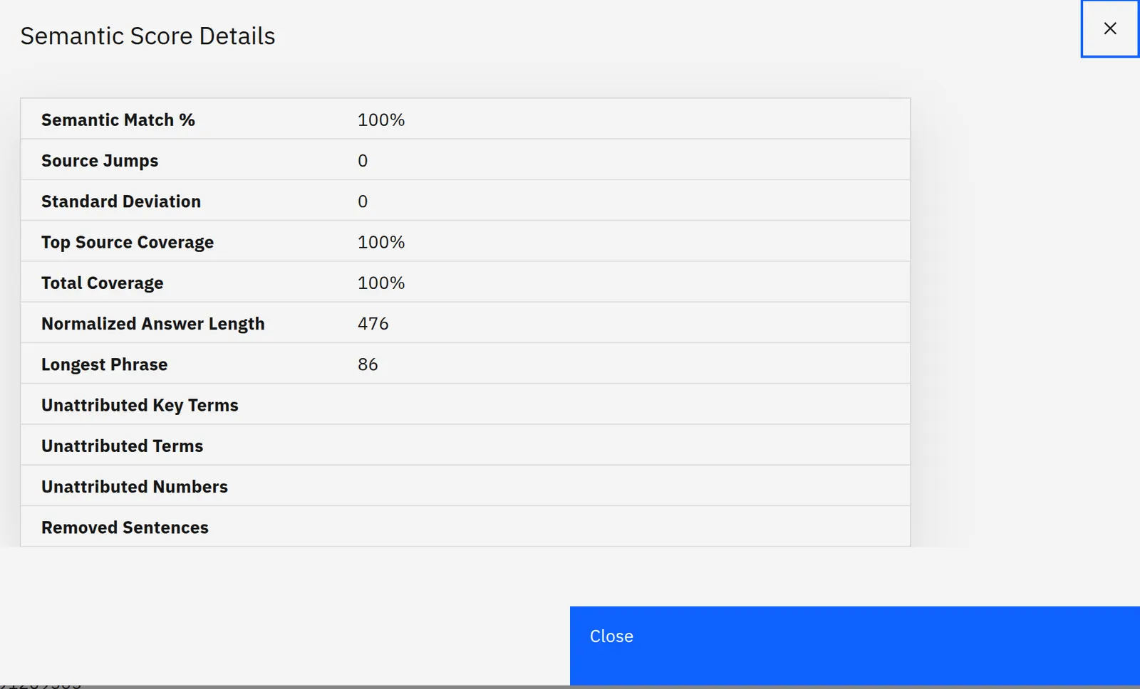 A statistical details panel over an answer in the NeuralSeek console, listing the scored rows behind the response beside their readings.